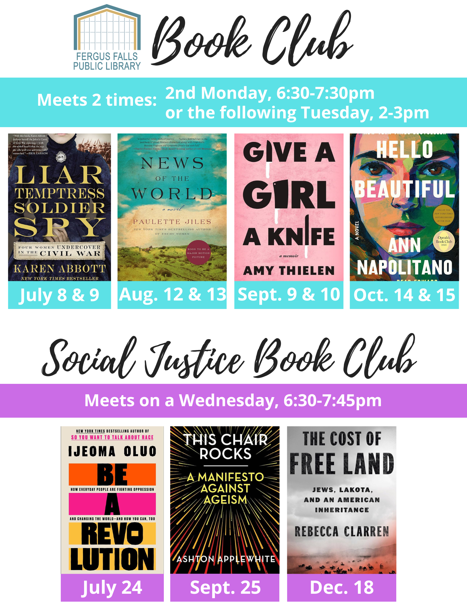 Book Club meets the second Monday of each month from 6:30-7:30pm and the following Tuesday from 2-3pm. Social Justice Book Club meets approximately every other month on a Wednesday evening from 6:30-7:45pm