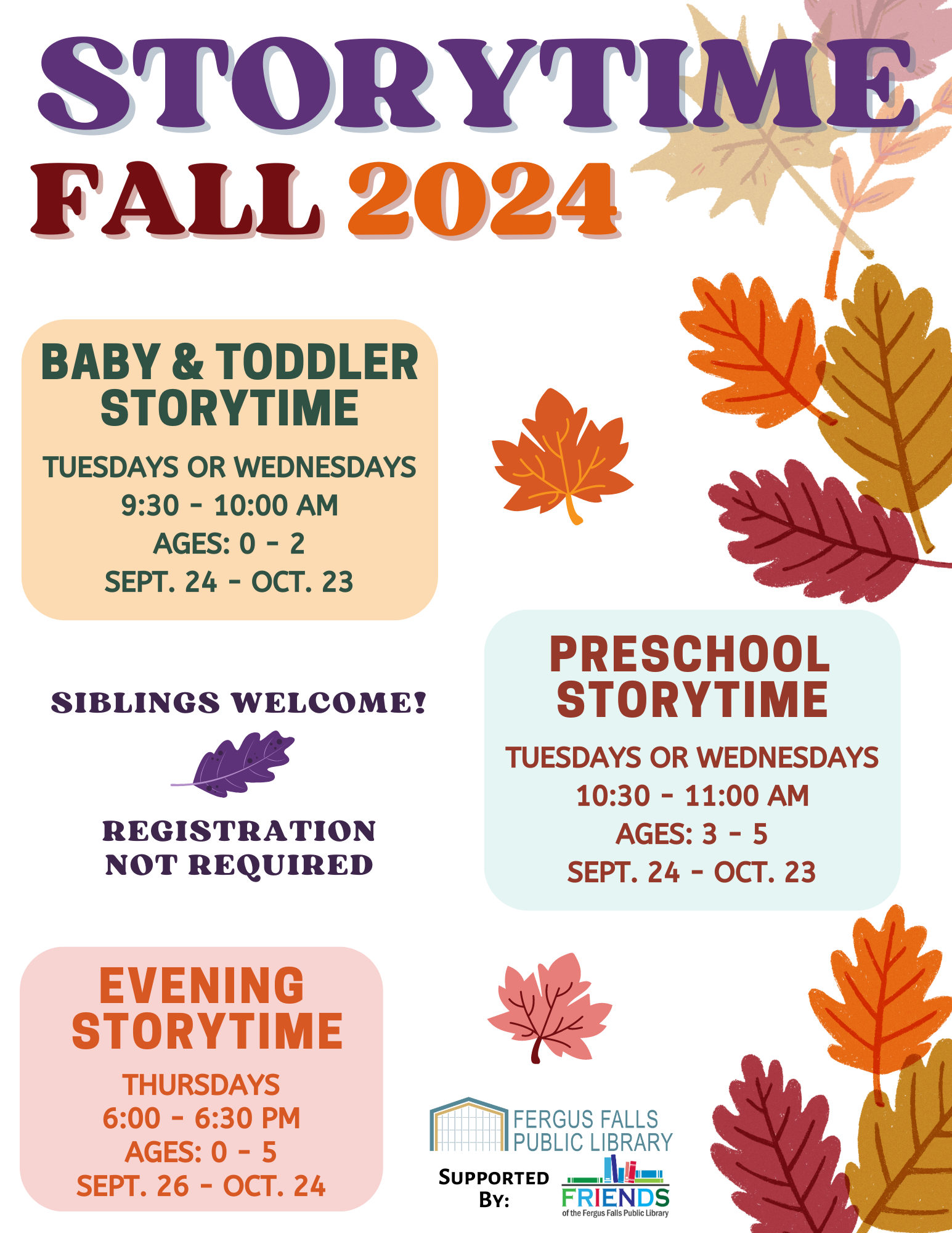 Fall 2024 Storytime flyer with information and leaf accents