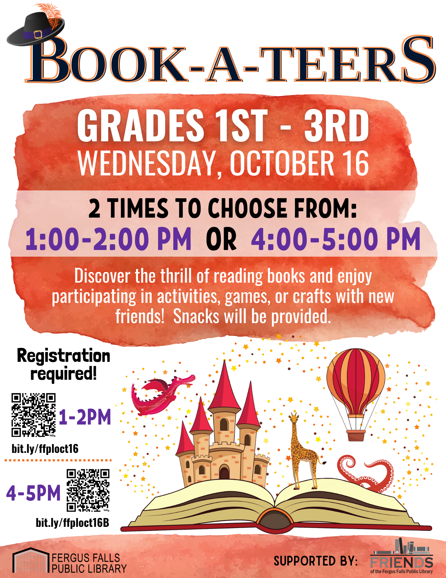 Book-A-Teers October flyer with information and images of an open book with animals, castle, and hot air balloon