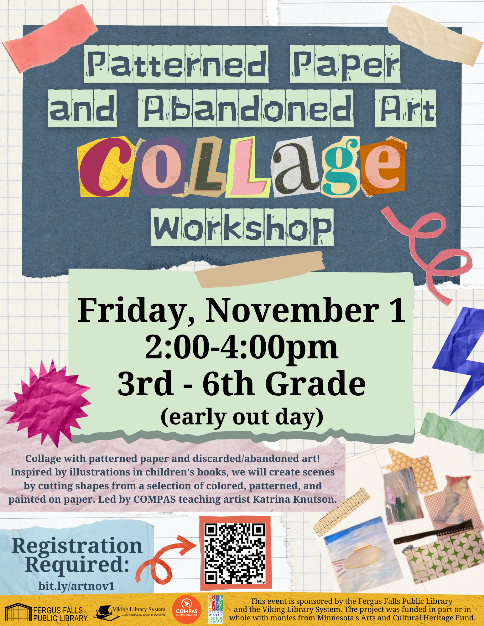 Patterned Paper and Abandoned Art Collage Workshop Flyer with info variety of paper pieces and colorful accents and tape