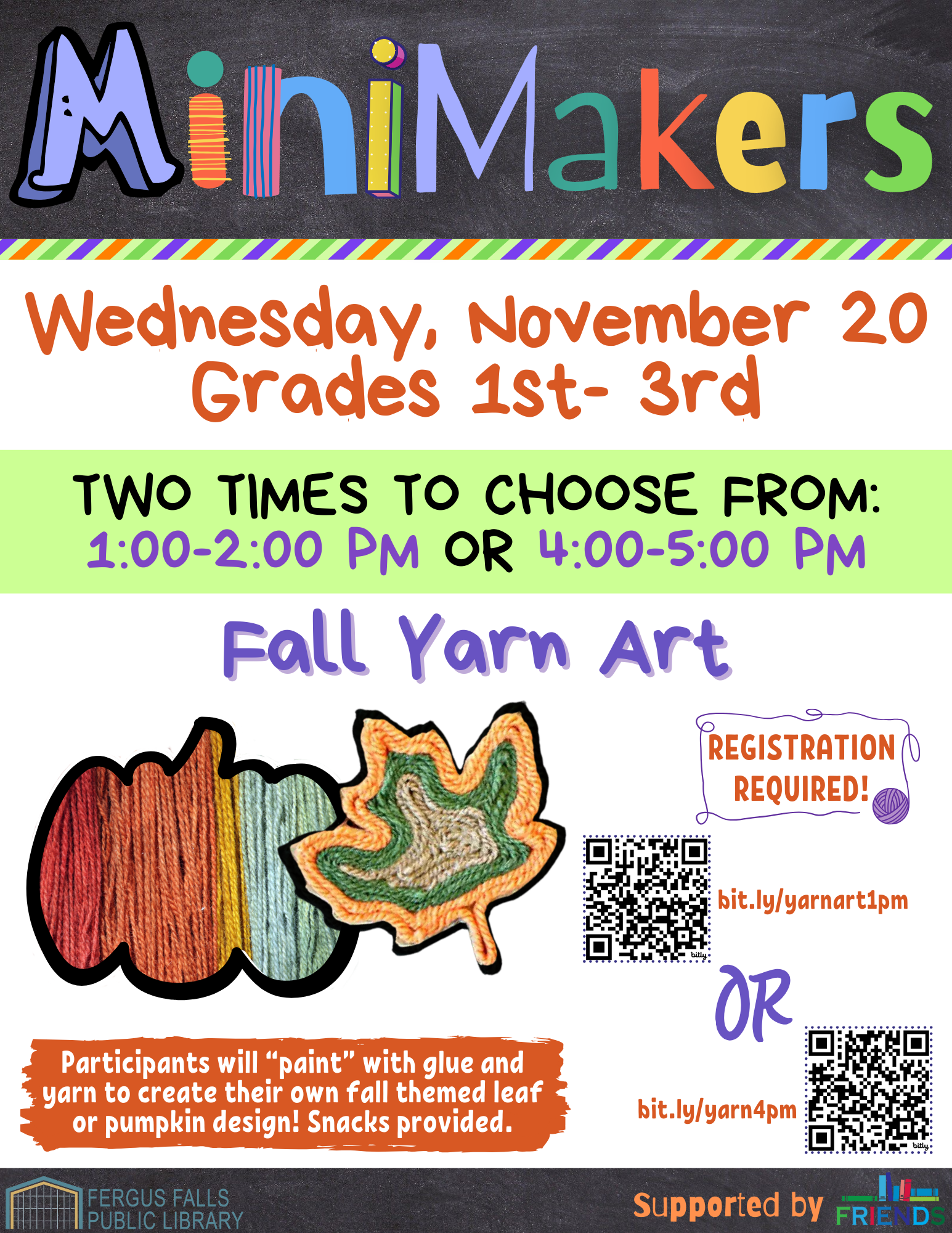 MiniMakers flier with information and yarn decorated pumpkin and leaf